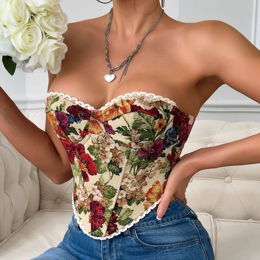 Rosa Clothing - Retro Multicolor Floral Print Lace Trim Corset Top